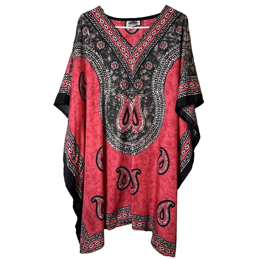 VTG Metropolitan One Size Red Black Paisley Caftan Tunic Poncho Kaftan India